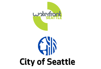 Waterfront Seattle logo with the words “Waterfront Seattle” and two chartreuse and light grass-green arches. City of Seattle logo with the words “City of Seattle” and a blue circle rendering chief.
